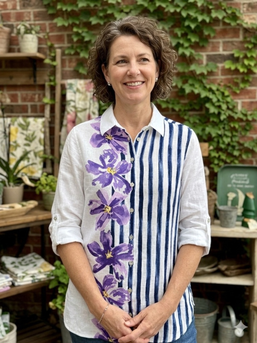 Chico’s Button-Down Linen Shirt with Purple Floral & Navy Stripe Roll Tab Sleeve